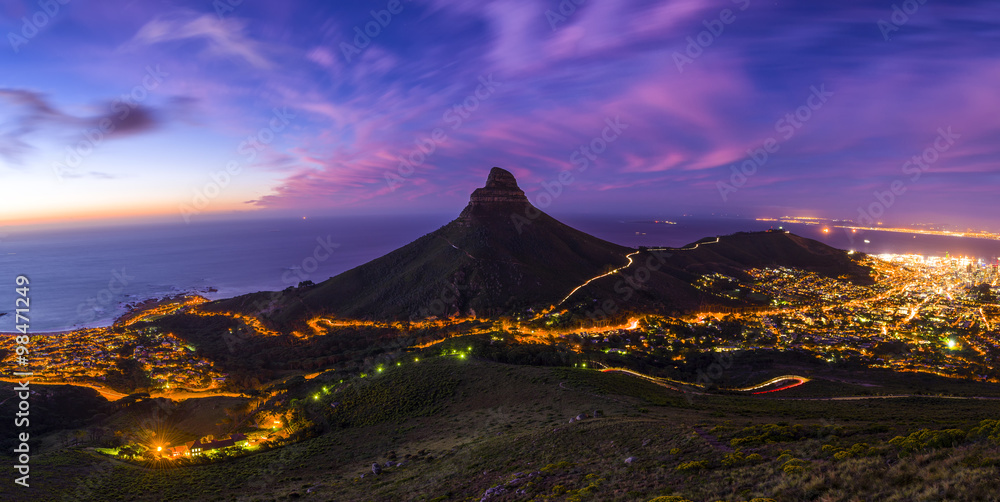 Fototapeta premium Cape Town's Lion's Head Mountain Peak landscape seen from Table Mountain tourist hike
