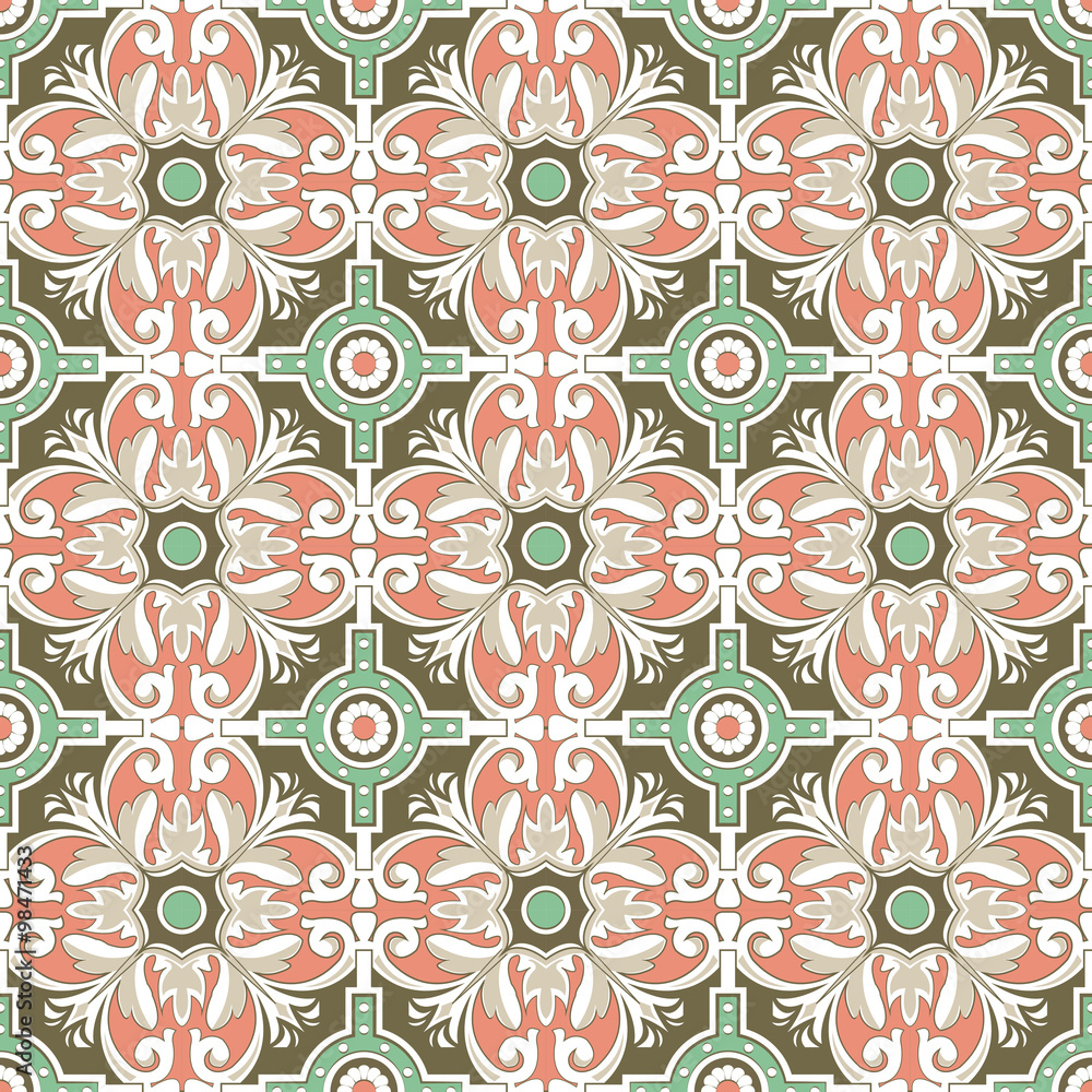 Seamless background image of vintage round spiral flower tile pattern.
