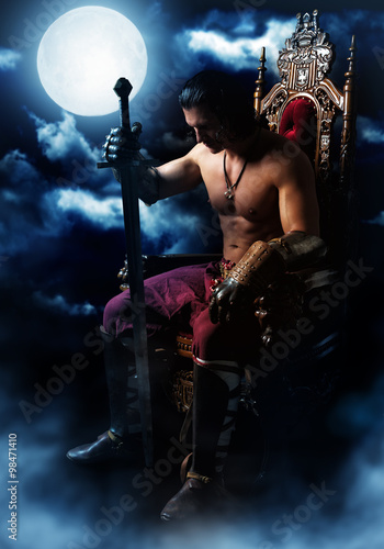 Medieval warrior on the throne on background of the moon
