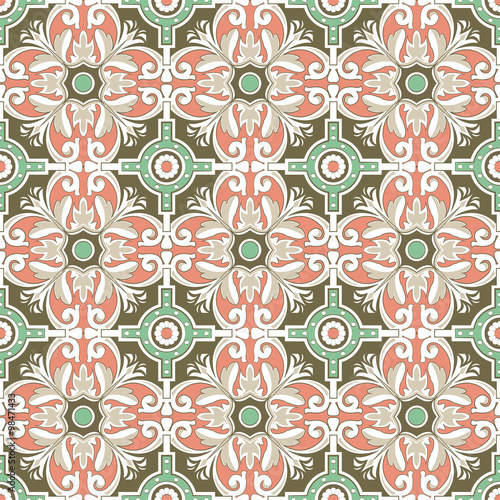 Seamless background image of vintage round spiral flower tile pattern.  