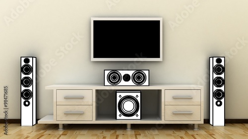 Place for TV with television shelf with home theater, cynema sound speker system in modern, classic interior background with white decorative paint wall and concrete floor. Copy space image. 3d render