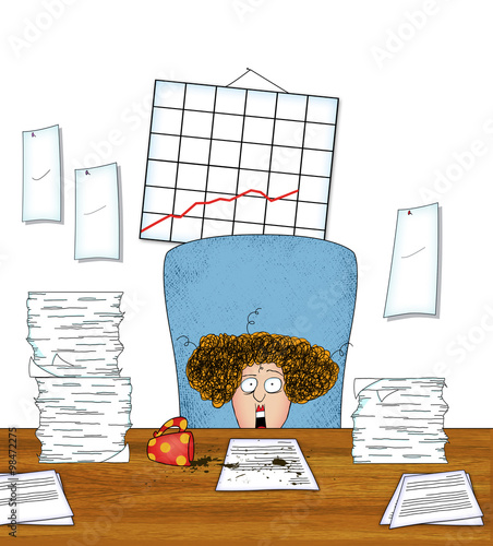 Stressed Woman Office Worker With Piles of Paperwork