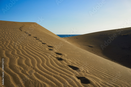 Brown Dunes with footsteps in desert under blue sky    Large sandy dunes in a wide desert at southbeach of Gran Canaria