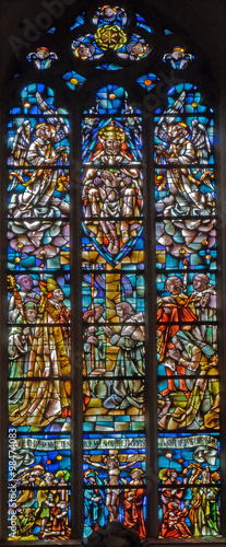Antwerp - windowpane of coronation of Holy Trinity in Saint Willibrordus church