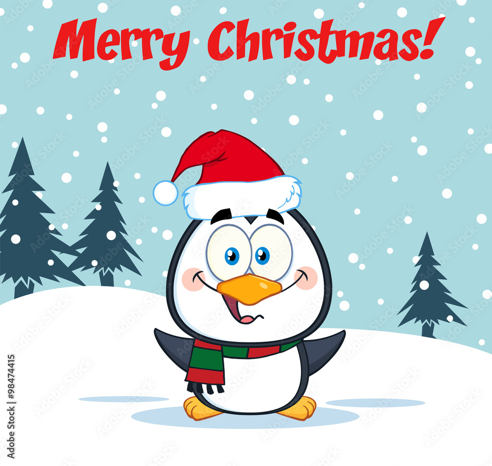 Merry Christmas Greeting With Cute Penguin Cartoon Character Merry Christmas Greeting With Cute Penguin Cartoon Character