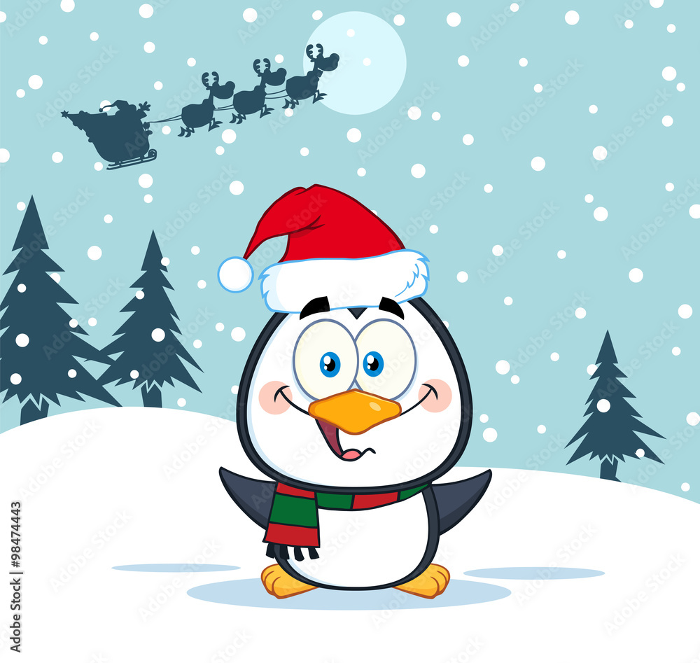 Cute Penguin Cartoon Character. Illustration Santa In Flight Cute Penguin Cartoon Character. Illustration Santa In Flight