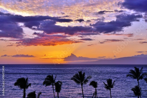 Sunset over the beach in Wailea on the West Shore of the island of Maui in Hawaii