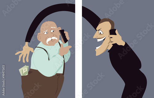 Scammer talks on a phone with a senior man and trying to steal money out of his pocket, vector illustration, no transparencies, EPS 8