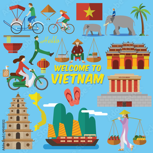 Flat design,Vietnamese landmarks and Icons such as Ho Chi Mihn Mausoleum, Heavenly Lady Pagoda, Imperial City and lifestyle of Vietnamese people