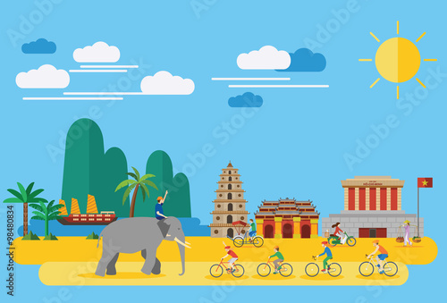 Happy family riding bicycles in Vietnam with Vietnamese landmarks such as Ho Chi Mihn Mausoleum, Heavenly Lady Pagoda, Imperial City and lifestyle of Vietnamese people, all objects are grouped.
