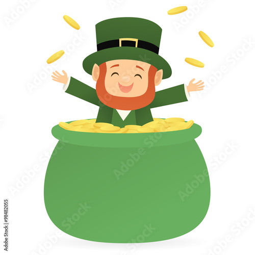 Leprechaun inside of a pot of gold tossing coins into the air