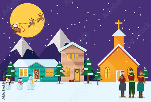 Flat design, Illustration of young people singing Christmas Carols and Flying Santa with reindeer.