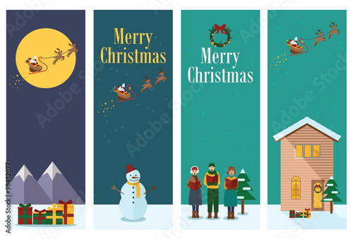 Flat design, Illustration of young people singing Christmas Carols, snow man and Flying Santa with reindeer.
