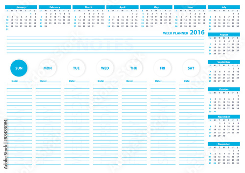 2016 English Week Planner Vector Template Blue Color