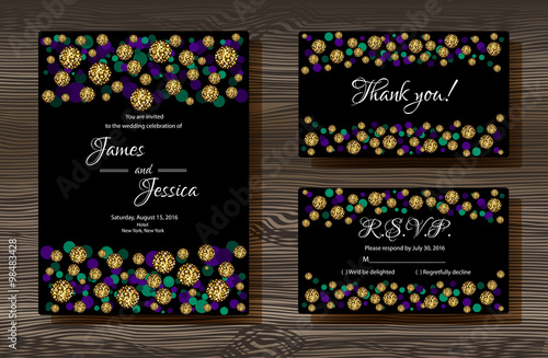 Unique vector wedding cards template with gold glitter texture decoration on wood texture background, Wedding invitation or save the date, RSVP and thank you card for bridal design, trendy gold style
