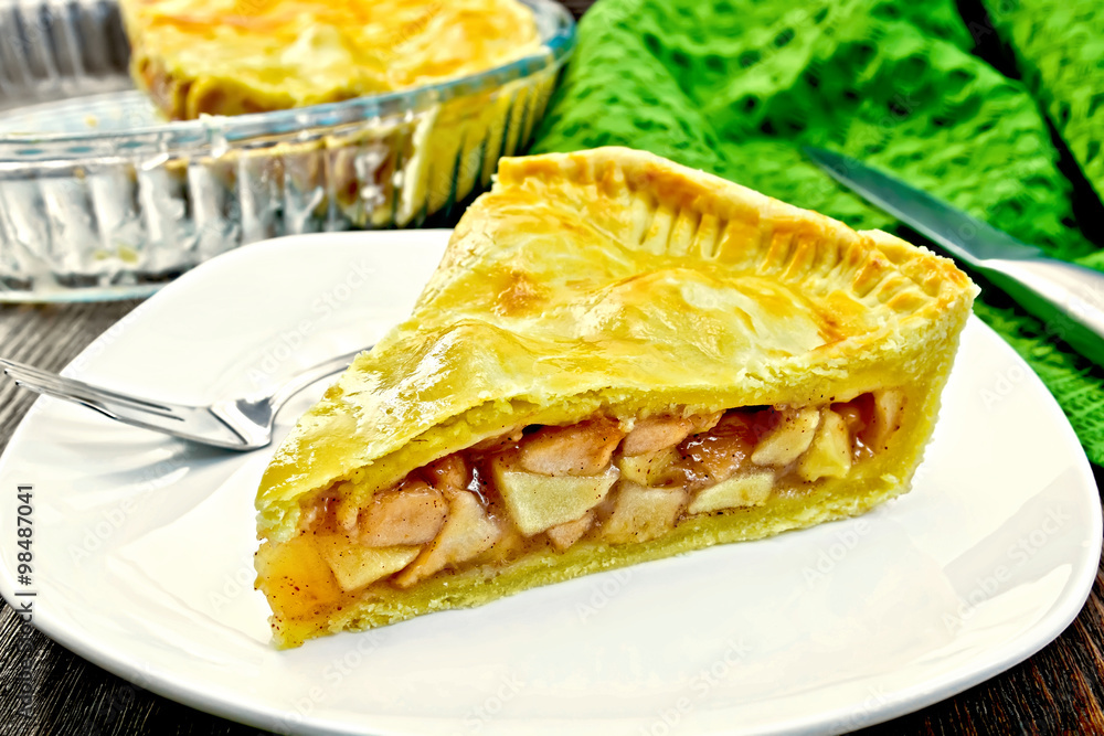 Pie apple american in plate on board Pie apple american in plate on board