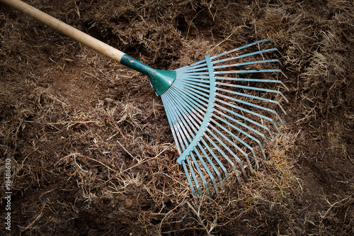 yard work, preparation soil in garden with rake shoveling