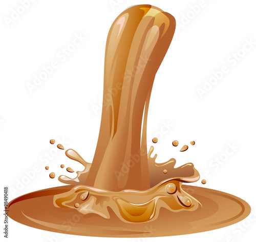 Hot caramel puddle. Brown caramel splash pour