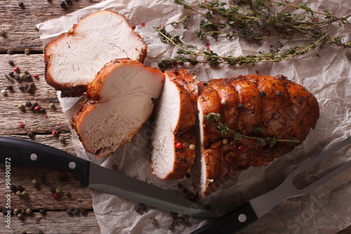 homemade food: roasted turkey breast close-up. horizontal
