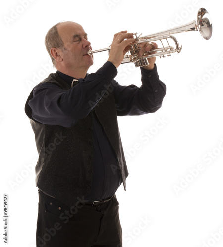 man playing trumpet on a white background