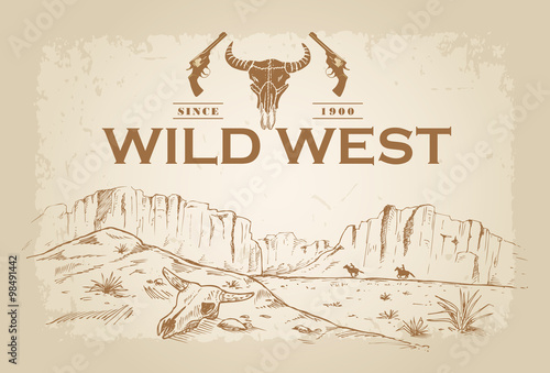 Hand drawn of two cowboys racing in desert