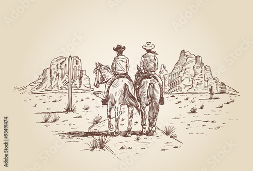Hand drawn of two cowboys riding horses in desert photo