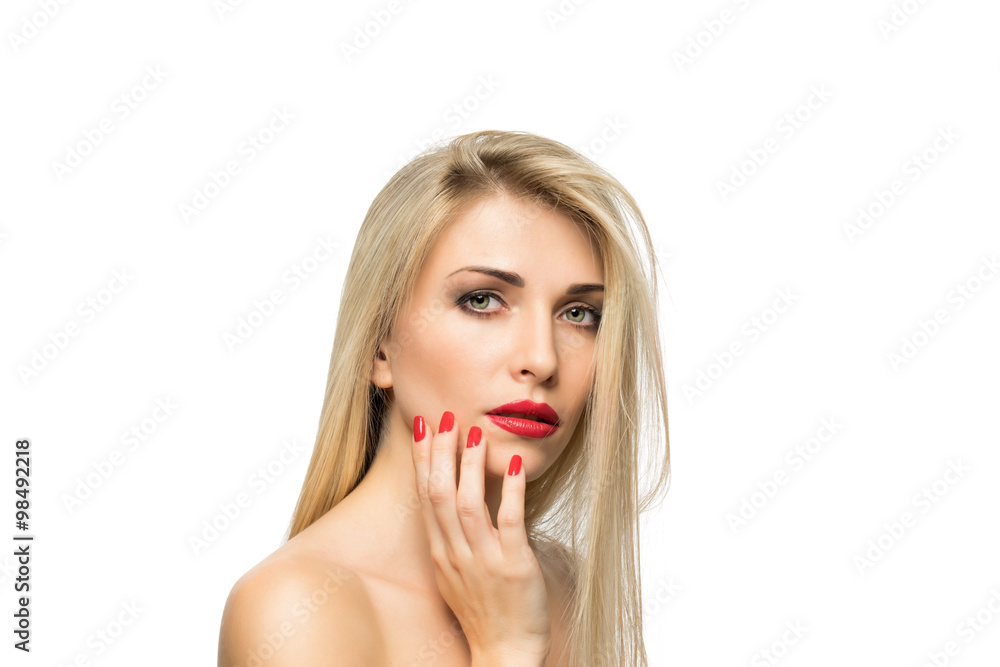 Beautiful Blond Woman Portrait close-up. Hairstyle. Red lips. Ma Beautiful Blond Woman Portrait close-up. Hairstyle. Red lips. Ma