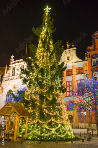 Christmas tree in the center of the old town of Gdansk, Poland