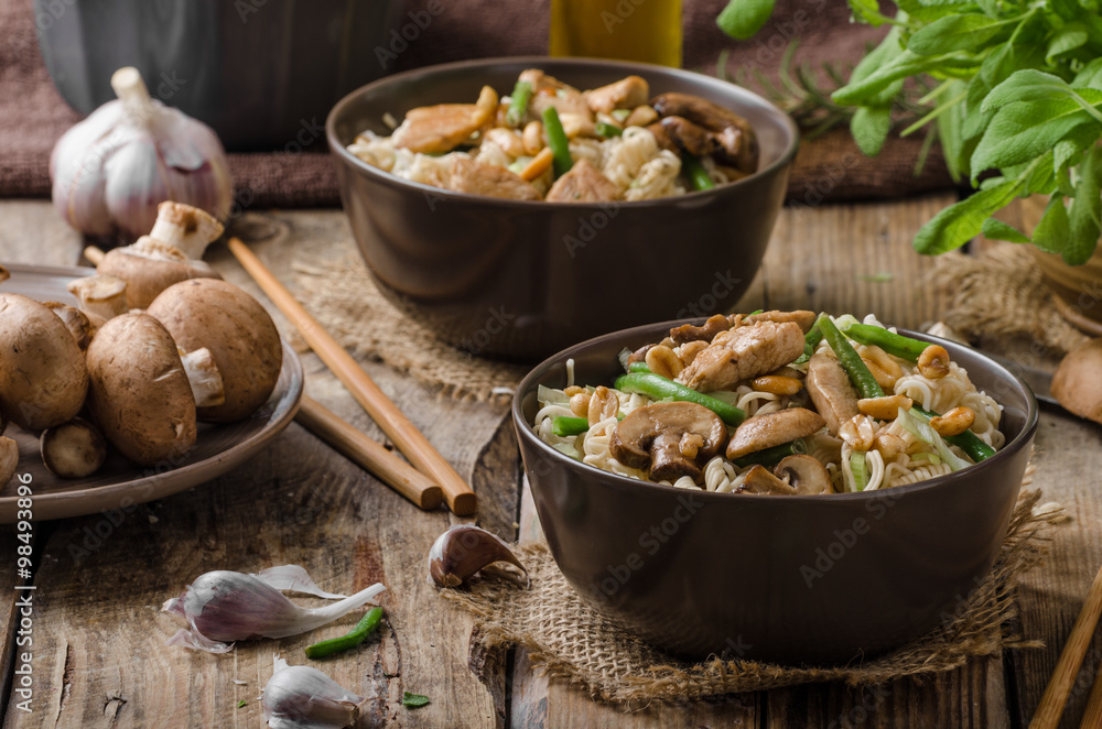 Chinese noodles with brown mushrooms Chinese noodles with brown mushrooms