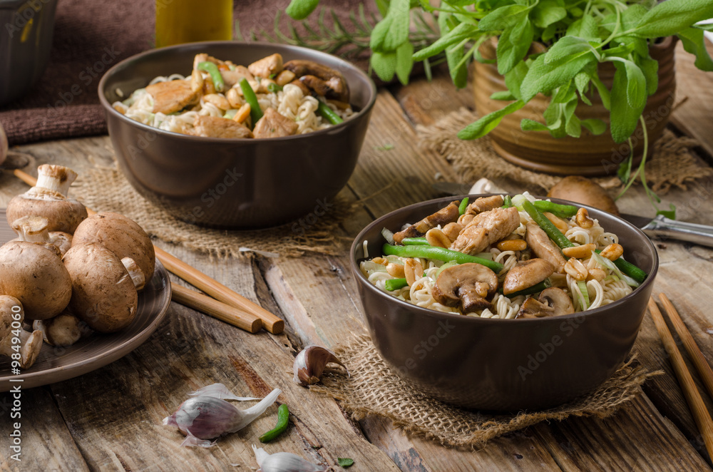 Chinese noodles with brown mushrooms Chinese noodles with brown mushrooms