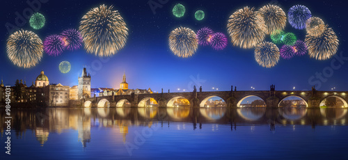 Canvas Print Charles Bridge and beautiful fireworks in Prague at night