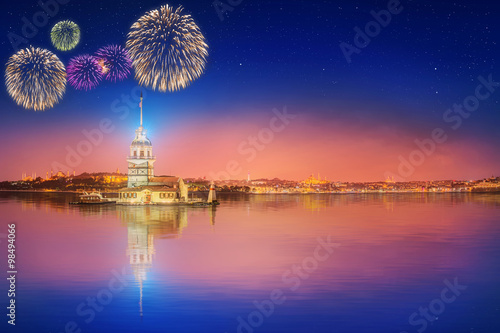Photography Beautiful fireworks near Maiden Tower or Kiz Kulesi Istanbul