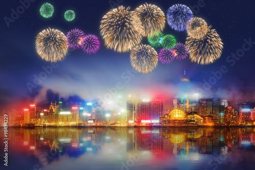 Beautiful fireworks in Hong Kong and Financial district