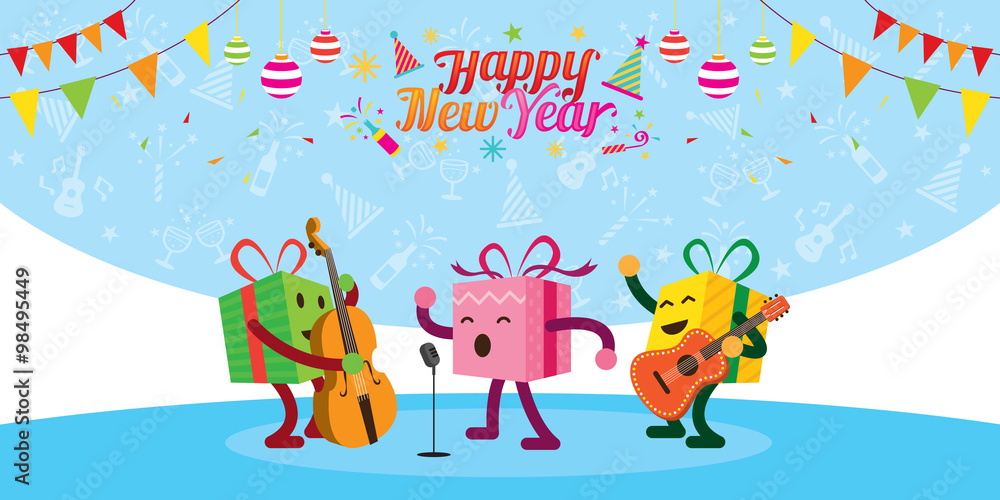 Fototapeta premium Gift Boxes Character Playing Music with Happy New Year Decoration, Confetti, Flag