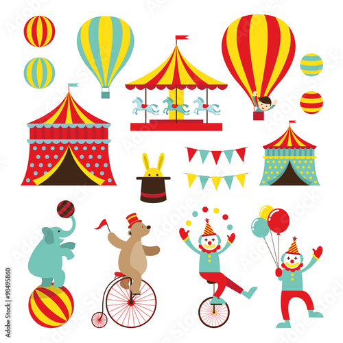 Circus Objects Flat Icons Set, Amusement Park, Theme Park, Carnival, Fun Fair