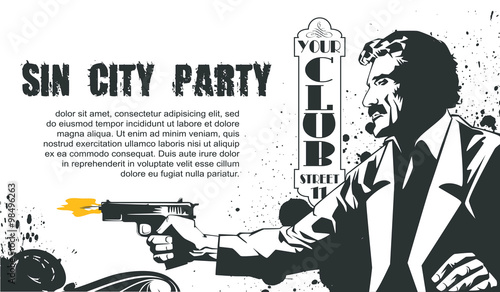 Vector BW Illustration. Template flyers. Sin City party. A man w