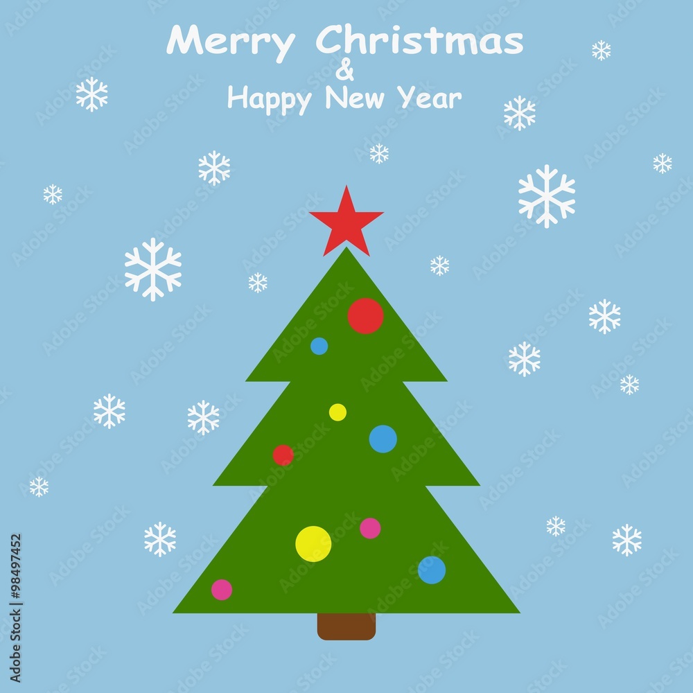 Christmas tree in flat style with snowflakes on blue background.