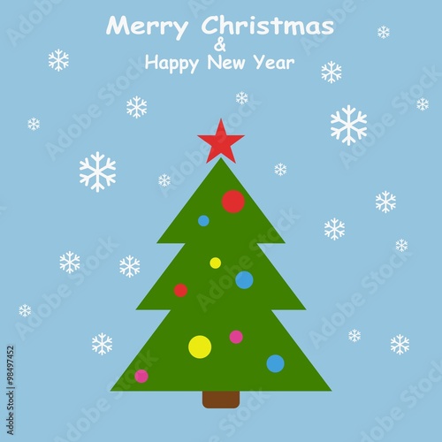 Christmas tree in flat style with snowflakes on blue background.
