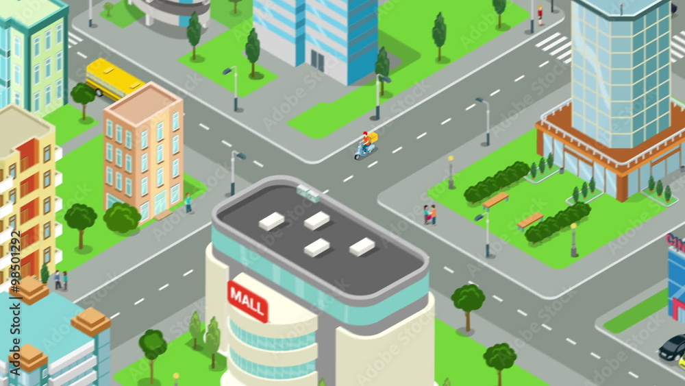 Delivery service of goods in megalopolis video concept. Courier carries package. Man with box on scooter rides through the street of the city looped animated. Flat 3d isometric design animation.
Delivery service of goods in megalopolis video concept. Courier carries package. Man with box on scooter rides through the street of the city looped animated. Flat 3d isometric design animation.