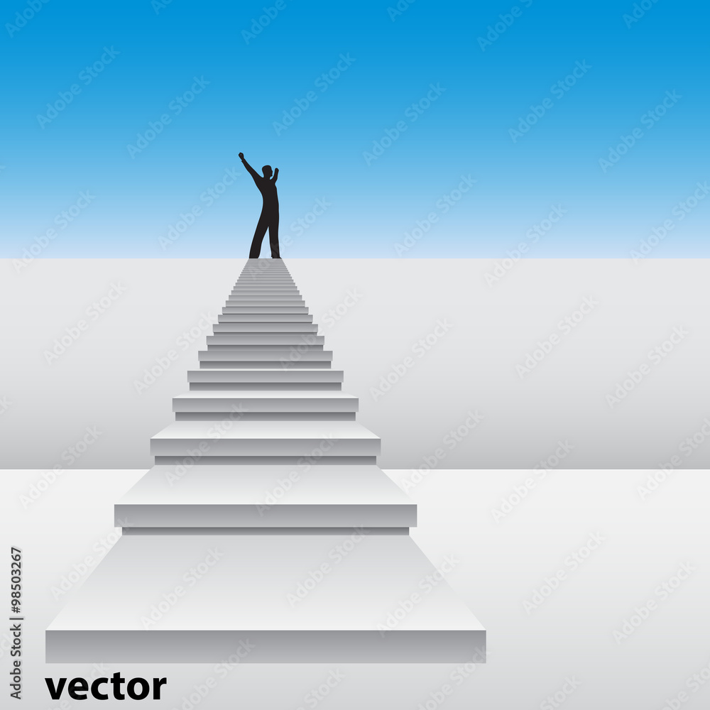 Conceptual 3D happy man on a white stair Conceptual 3D happy man on a white stair