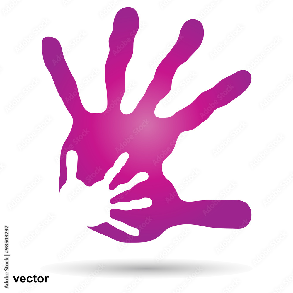 Vector conceptual mother and child pink hand print isolated