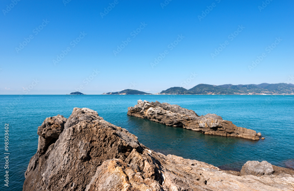 Gulf of La Spezia - Liguria Italy / Panorama of the Gulf of La Spezia (The Gulf of Poets) Liguria Italy, in the background Portovenere, Palmaria Island and Tino