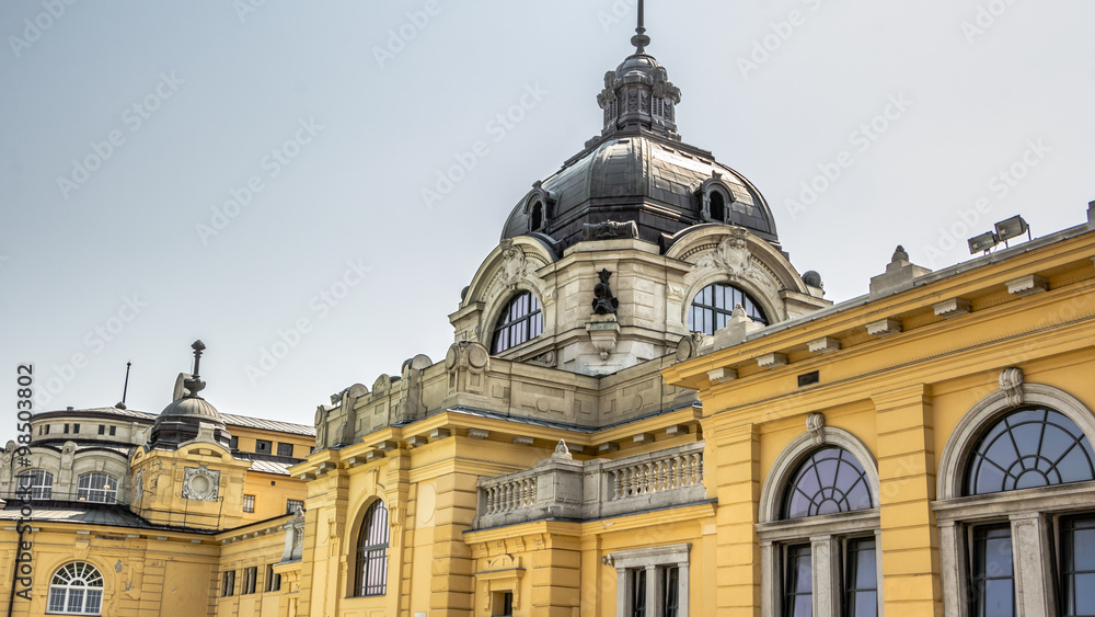 Exterior of the Szechenyi Baths in Budapest in Hungary. The biggest spa in Europe.