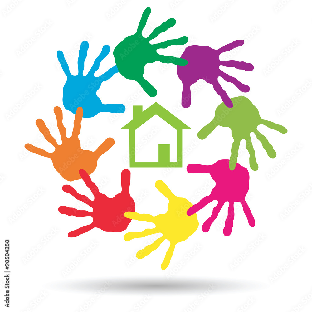 concept circle of hands, green house symbol concept circle of hands, green house symbol