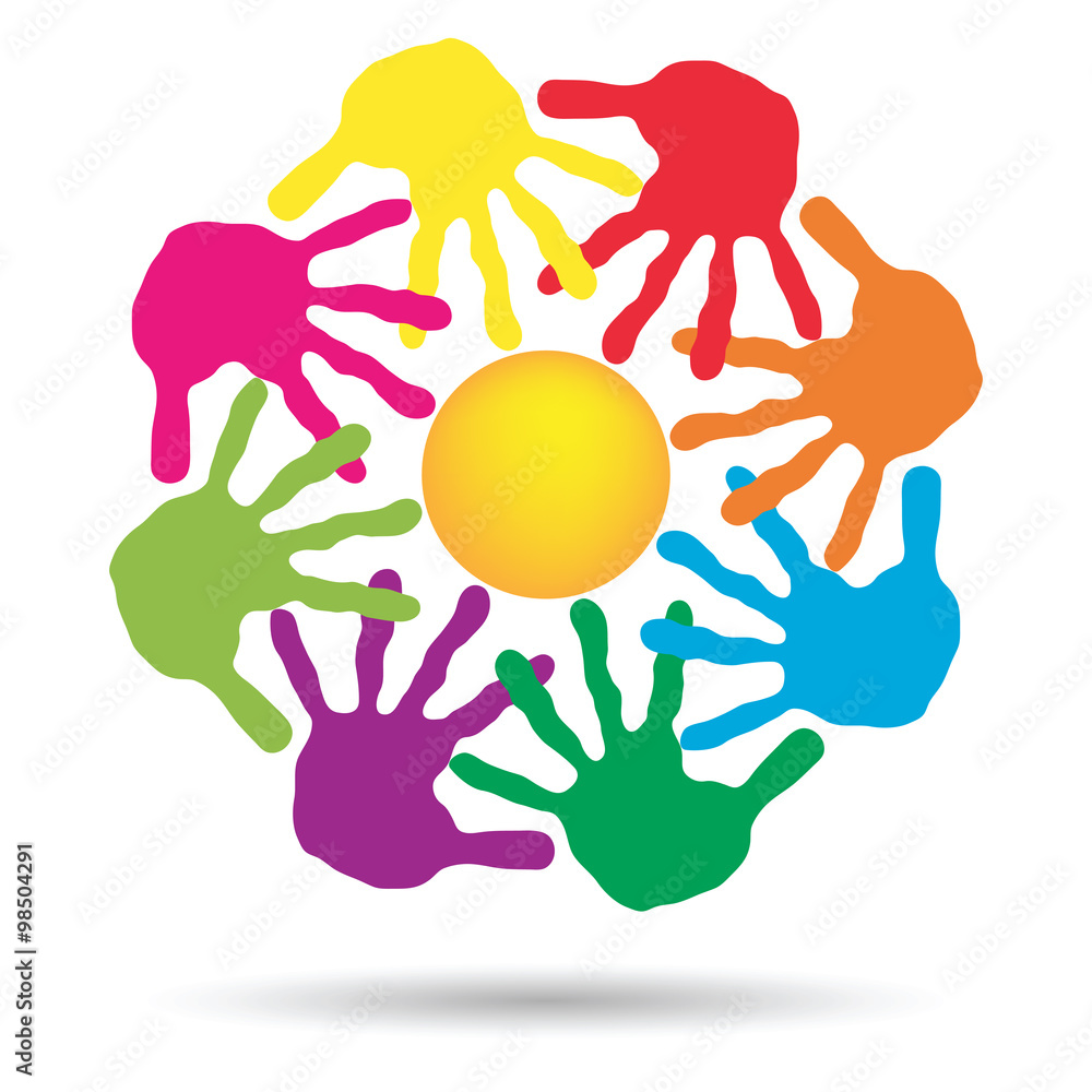 Concept circle of hands, yellow sun symbol Concept circle of hands, yellow sun symbol