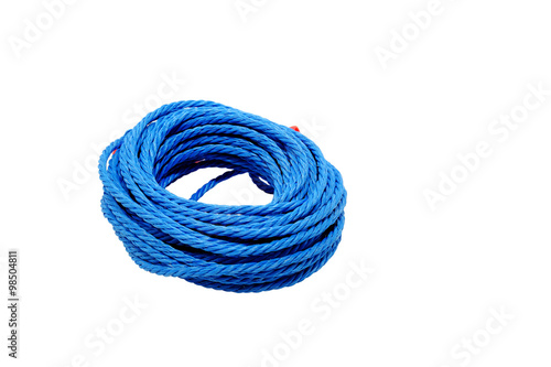 Blue nylon utility rope isolated on white background.