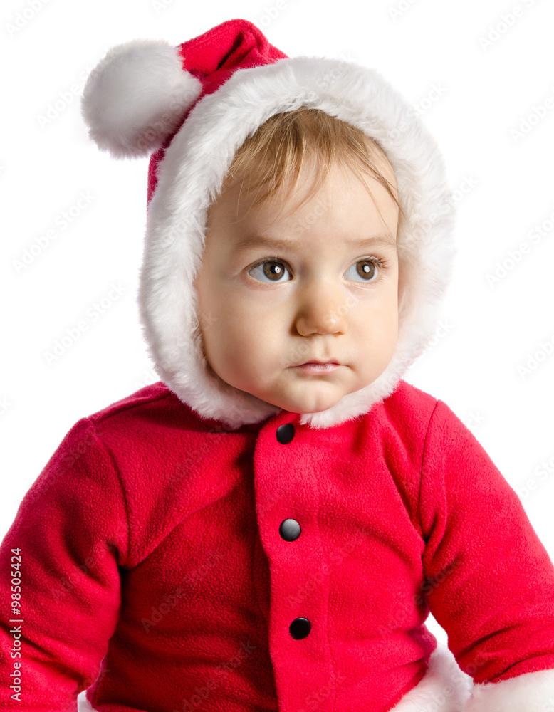 Funny baby in Santa Claus clothes on white background Funny baby in Santa Claus clothes on white background