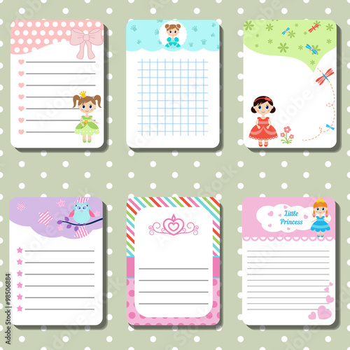 Cute cards, notes, stickers, labels, tags with princess theme design.