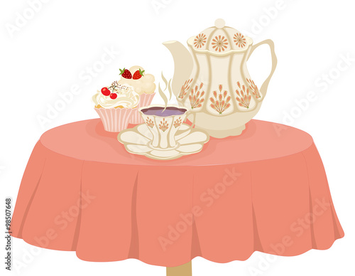 Kettle, Cup and cake of tea on the table.