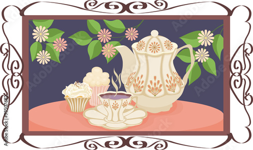 Kettle, Cup and cake of tea on the table.